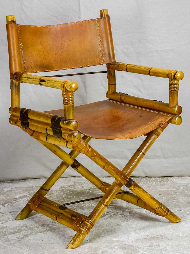 Antique folding bamboo and leather armchair