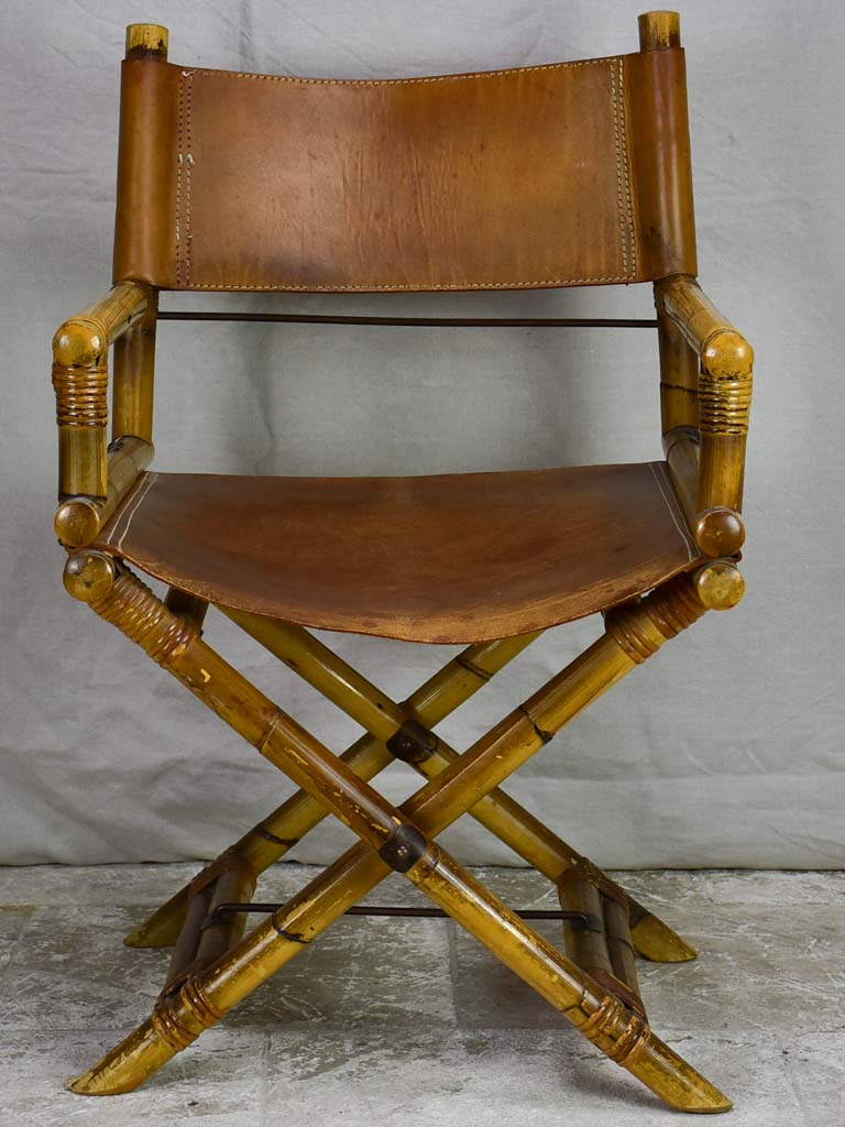 Antique folding bamboo and leather armchair