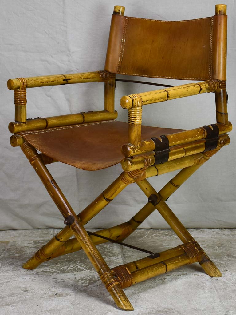 Antique folding bamboo and leather armchair