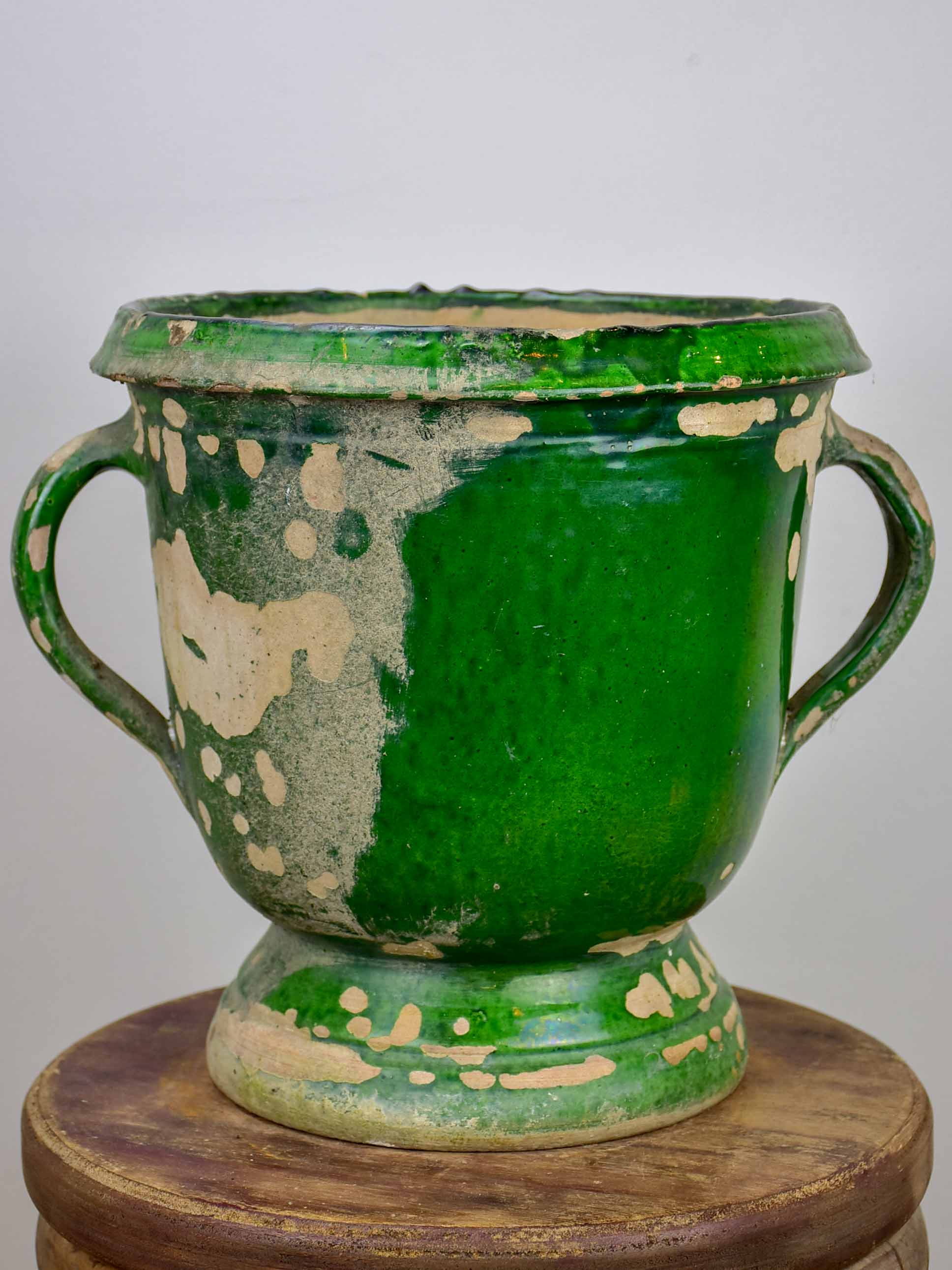 Antique French garden planter with aged green glaze - 11 ½''