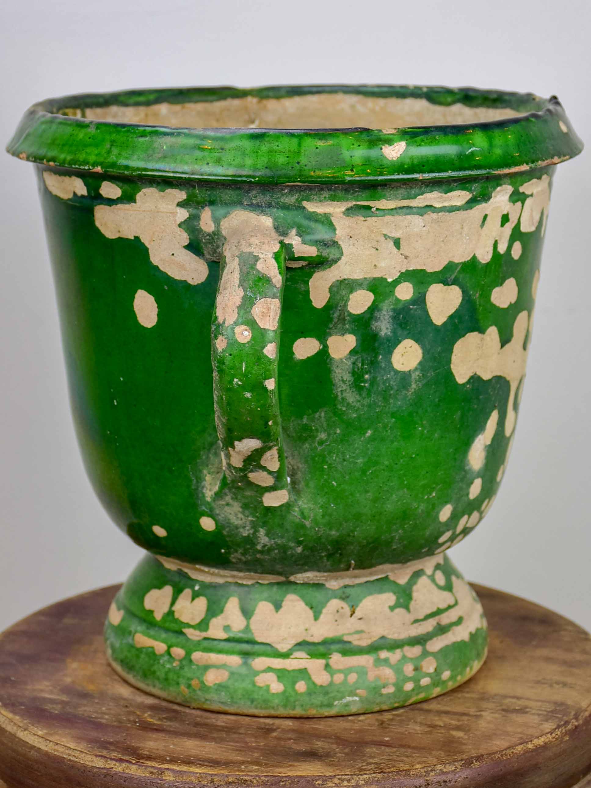 Antique French garden planter with aged green glaze - 11 ½''