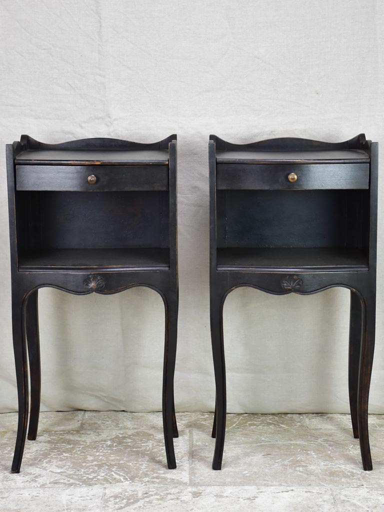 Pair of vintage Louis XV style French nightstands with black paint finish