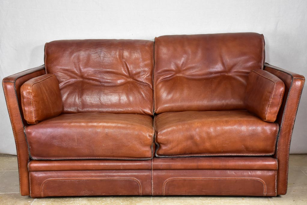 Roche Bobois brown leather two-seat sofa - 1970's / 80's 59"