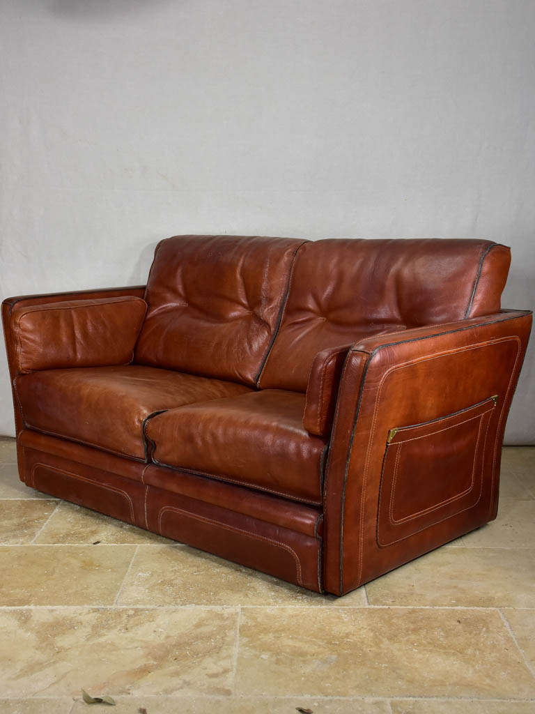 Roche Bobois brown leather two-seat sofa - 1970's / 80's 59"