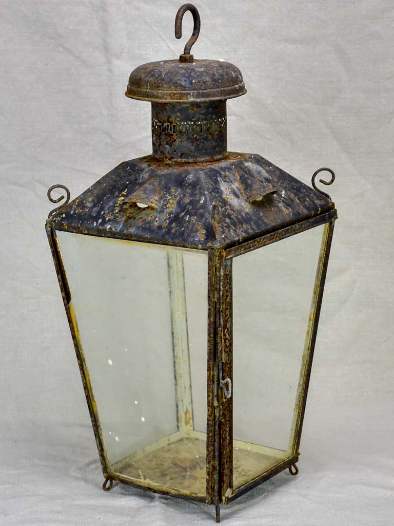 19th Century French lantern with black patina with pretty chimney top 22"