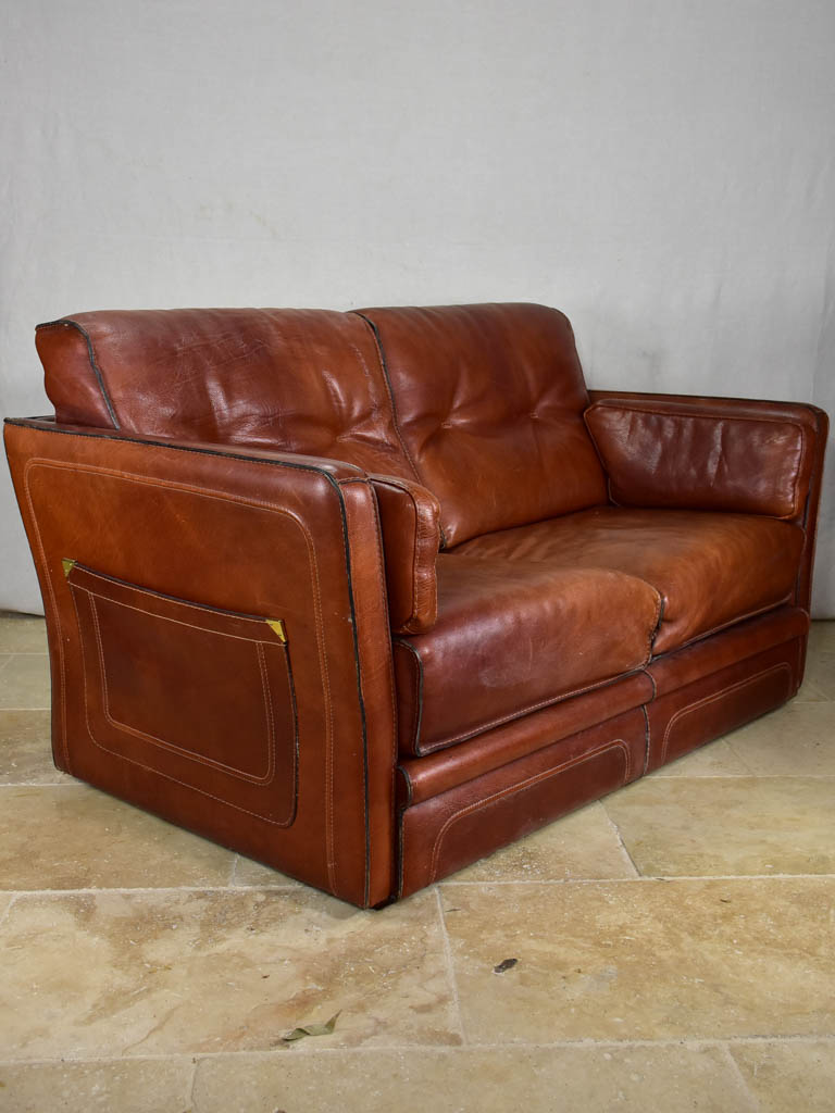 Roche Bobois brown leather two-seat sofa - 1970's / 80's 59"