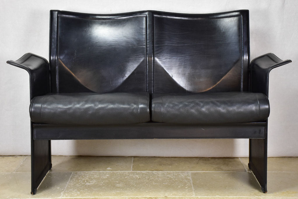 Matteo Grassi Italian black leather two seat sofa - 1970's/80's 50¾"