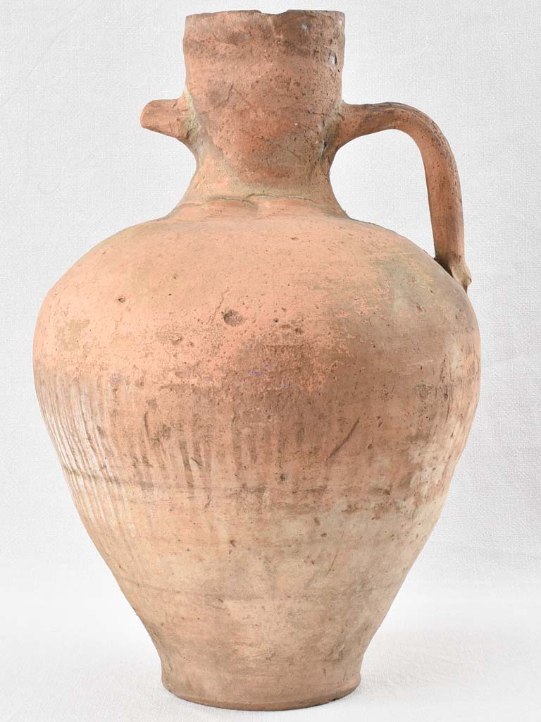 Large primitive terracotta water pitcher with handle 22"