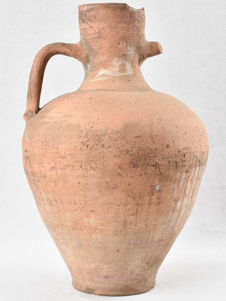 Large primitive terracotta water pitcher with handle 22"