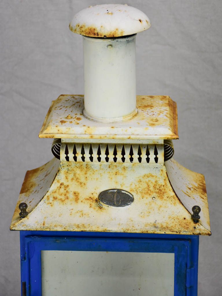 19th Century French wall lantern with tall chimney - blue and white 20½"