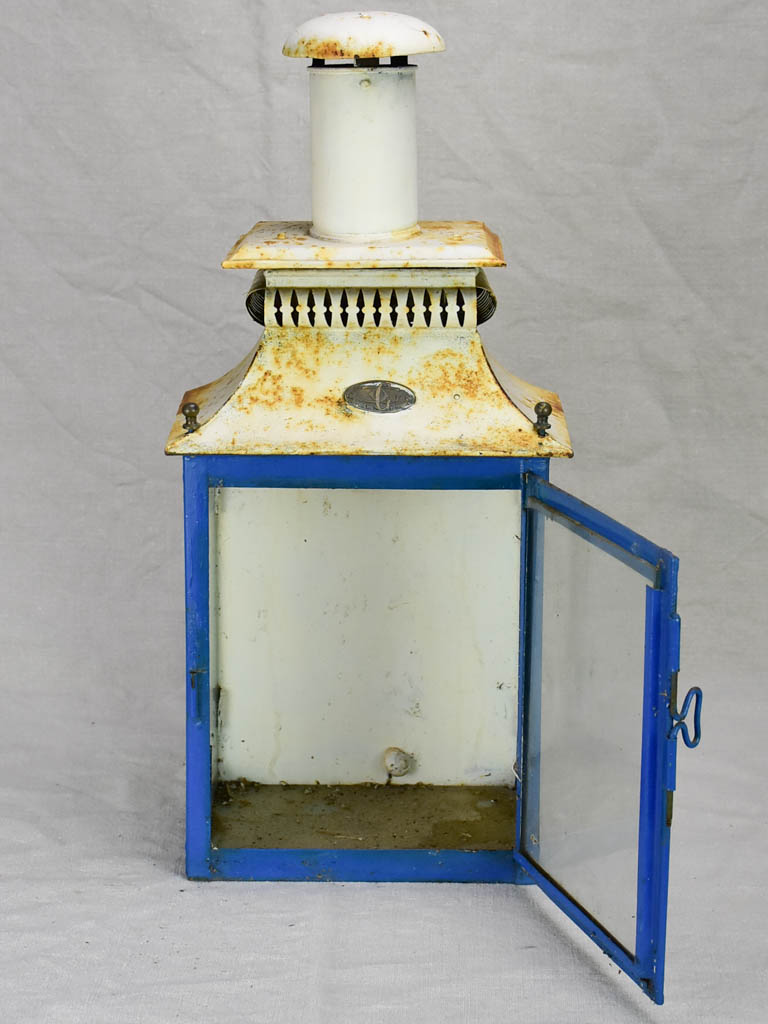 19th Century French wall lantern with tall chimney - blue and white 20½"