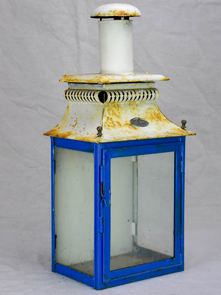 19th Century French wall lantern with tall chimney - blue and white 20½"