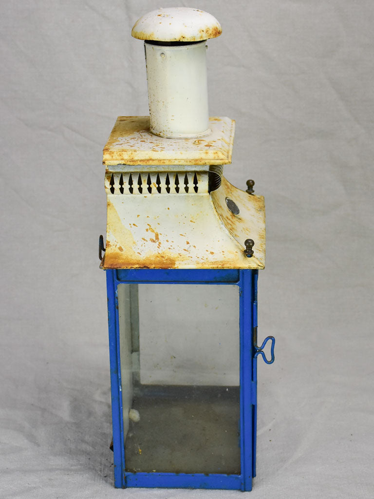 19th Century French wall lantern with tall chimney - blue and white 20½"