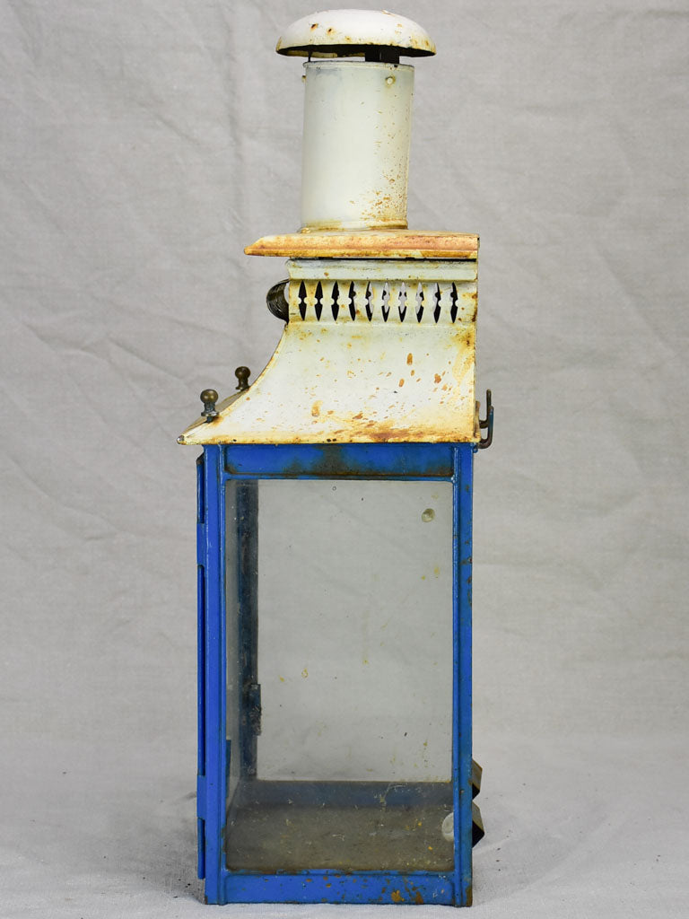 19th Century French wall lantern with tall chimney - blue and white 20½"