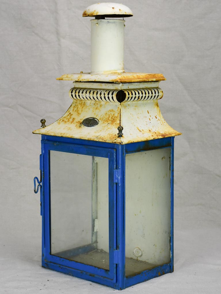 19th Century French wall lantern with tall chimney - blue and white 20½"