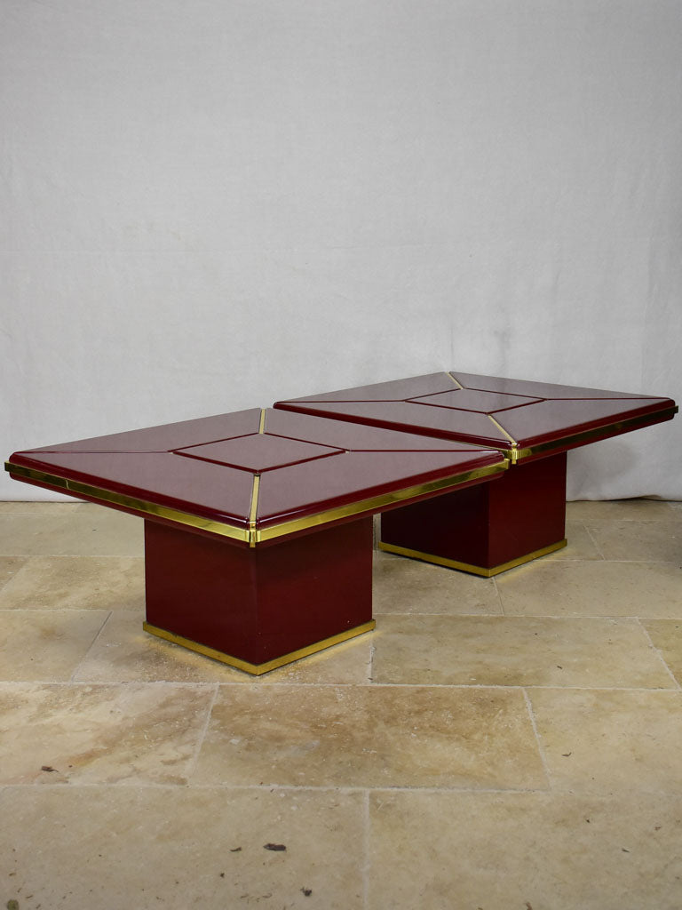 Pair of superb Burgundy red coffee tables - lacquer and brass 31"