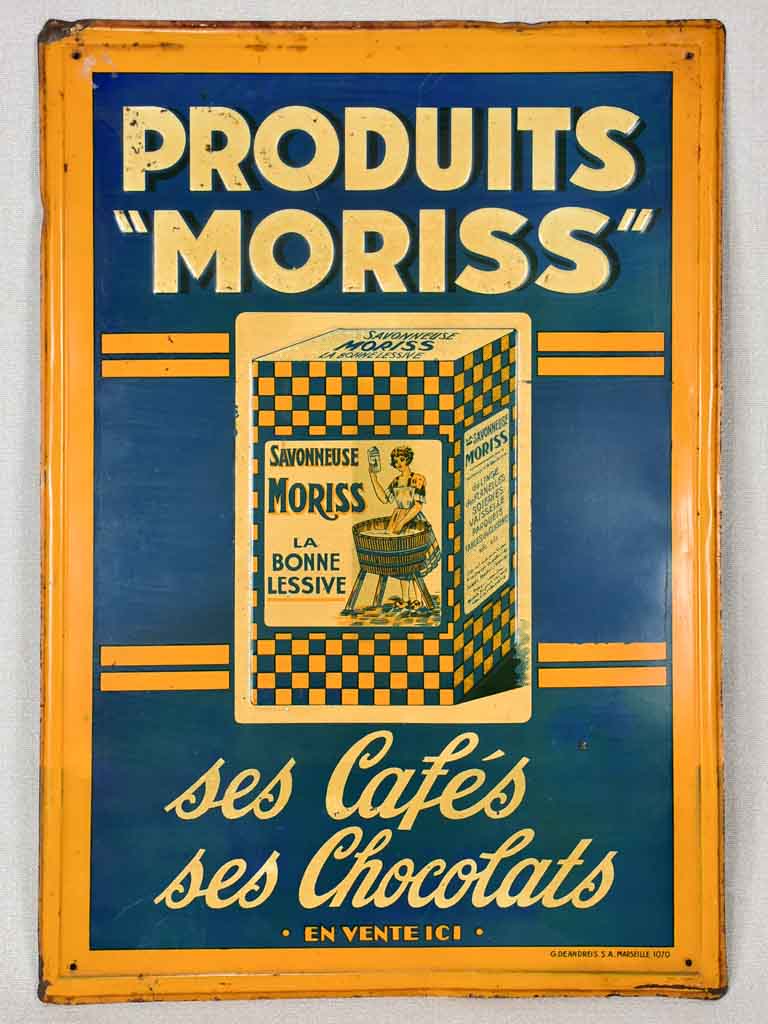 1930s French tole sign - chocolate and coffee Produits Moriss 13¾" x 19¾"