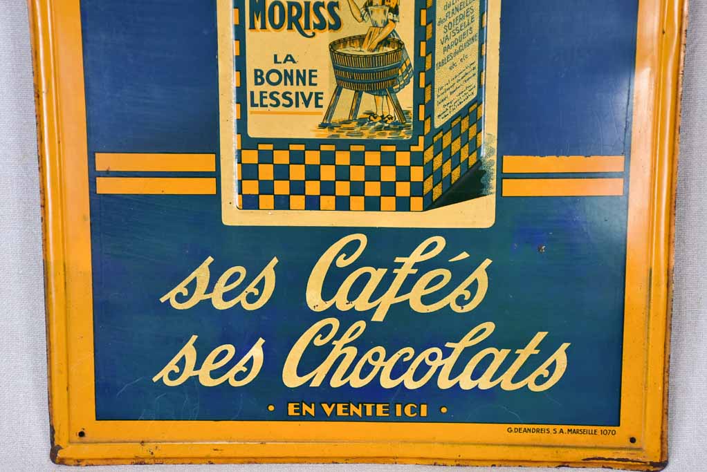 1930s French tole sign - chocolate and coffee Produits Moriss 13¾" x 19¾"