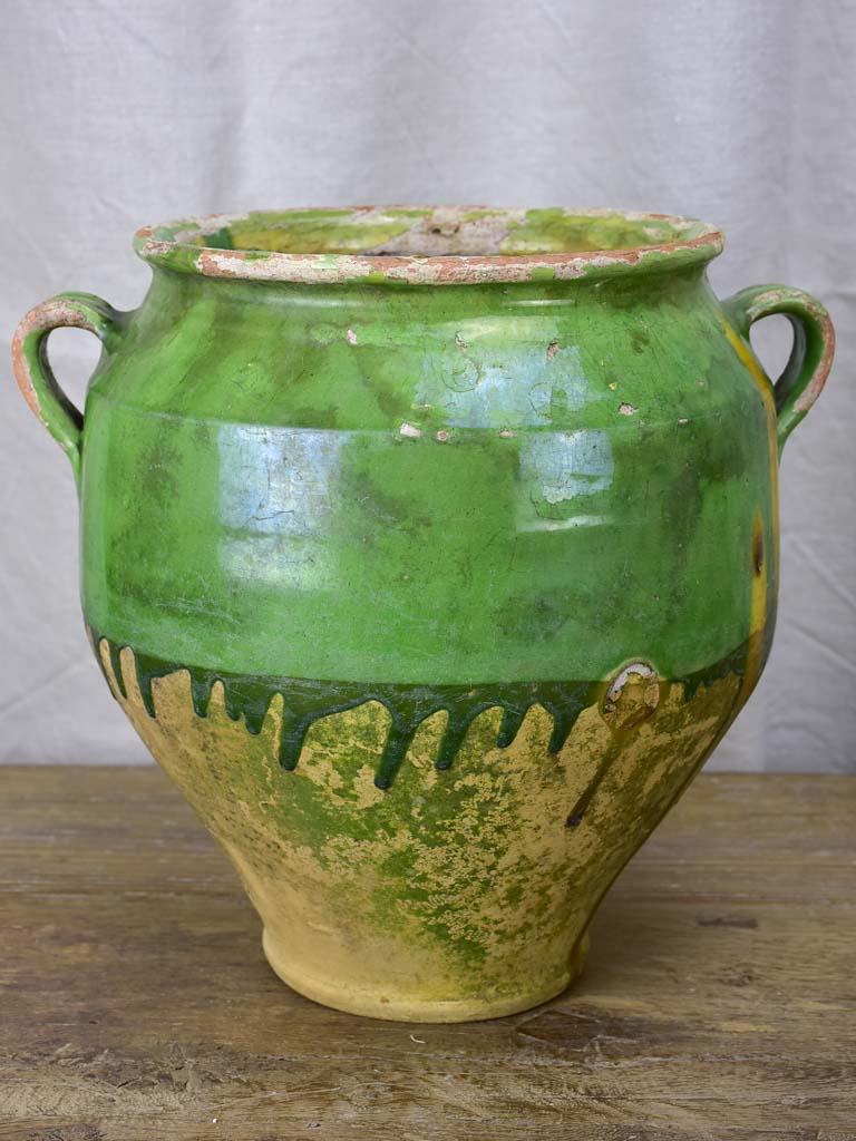 Large antique French confit pot with green glaze 12¼"