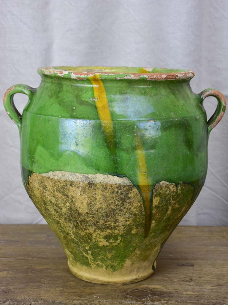 Large antique French confit pot with green glaze 12¼"