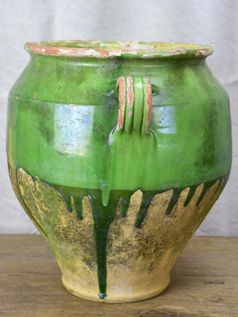 Large antique French confit pot with green glaze 12¼"