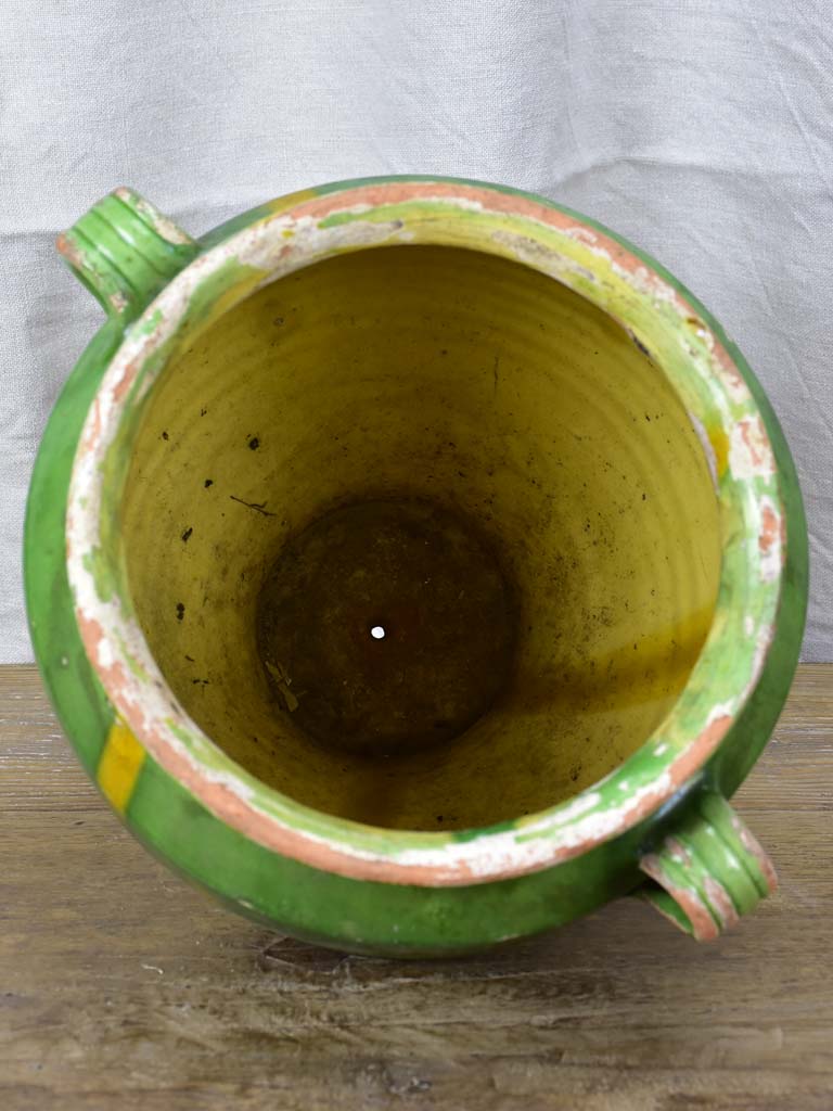 Large antique French confit pot with green glaze 12¼"