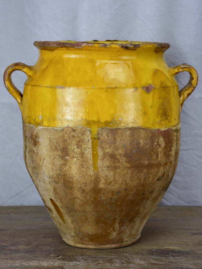 Large antique French confit pot with yellow glaze 14¼"