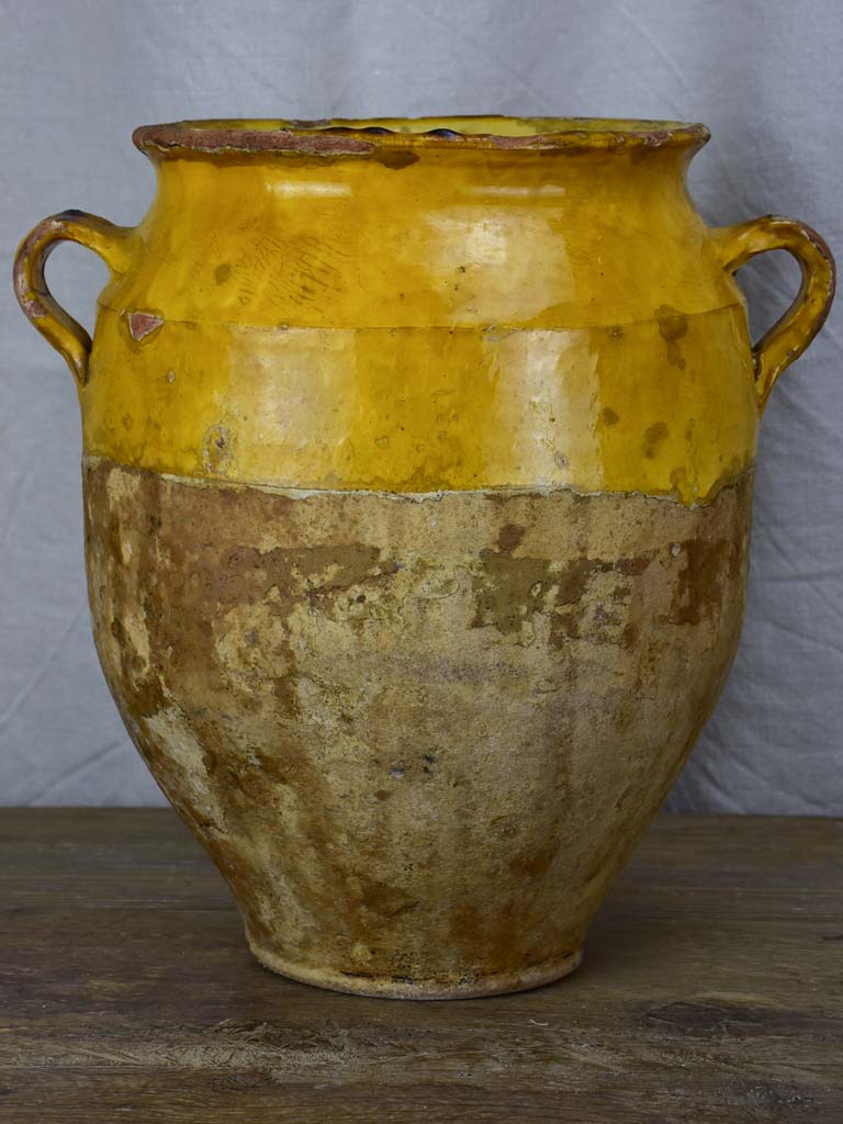 Large antique French confit pot with yellow glaze 14¼"