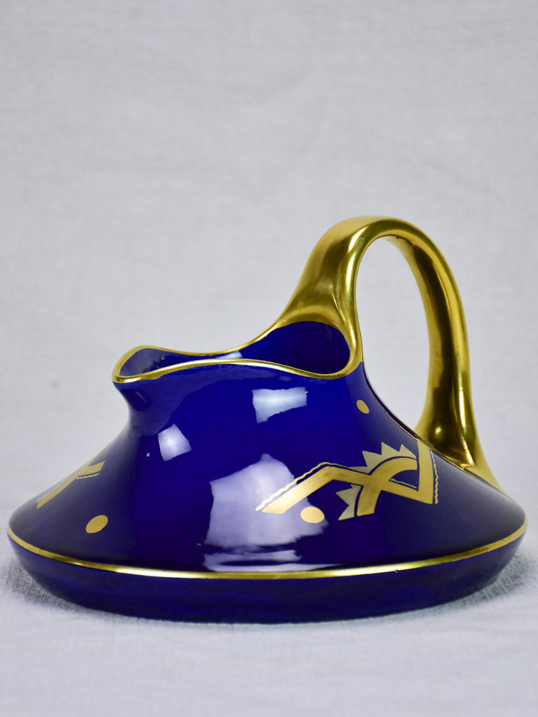 Art Nouveau Pinon Heuze cobalt blue and gold pitcher 9"