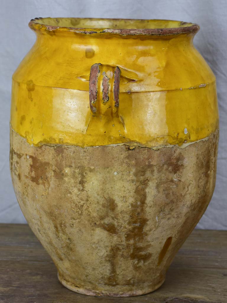 Large antique French confit pot with yellow glaze 14¼"