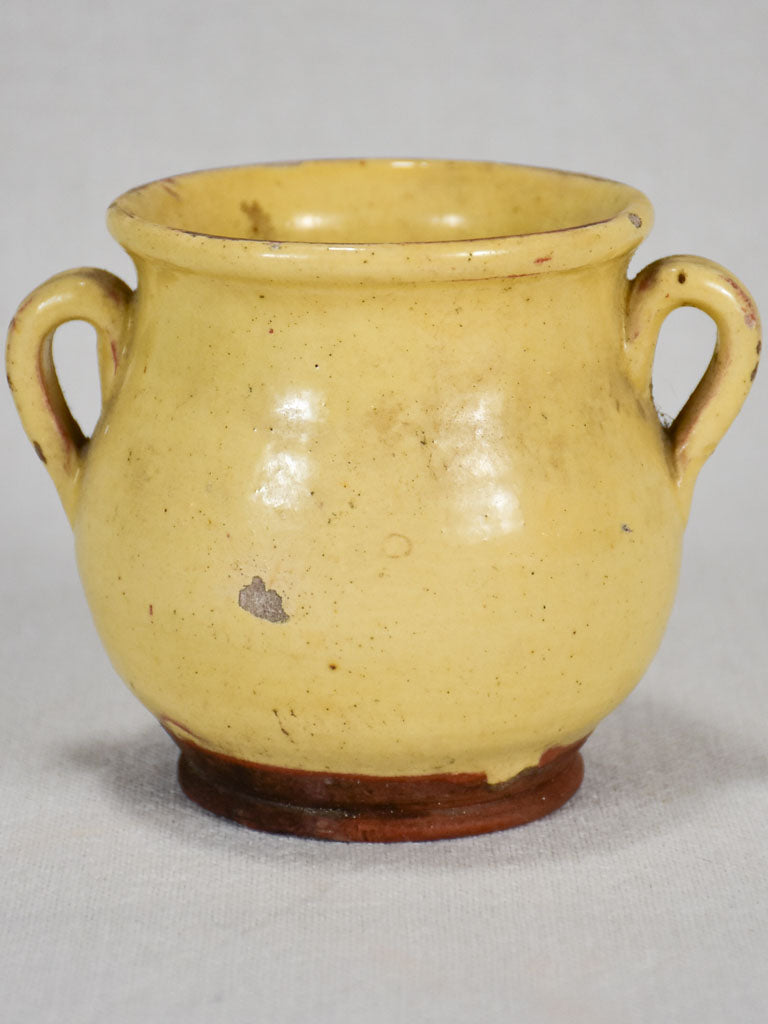 Very small antique French honey pot with yellow-ocher glaze 4"