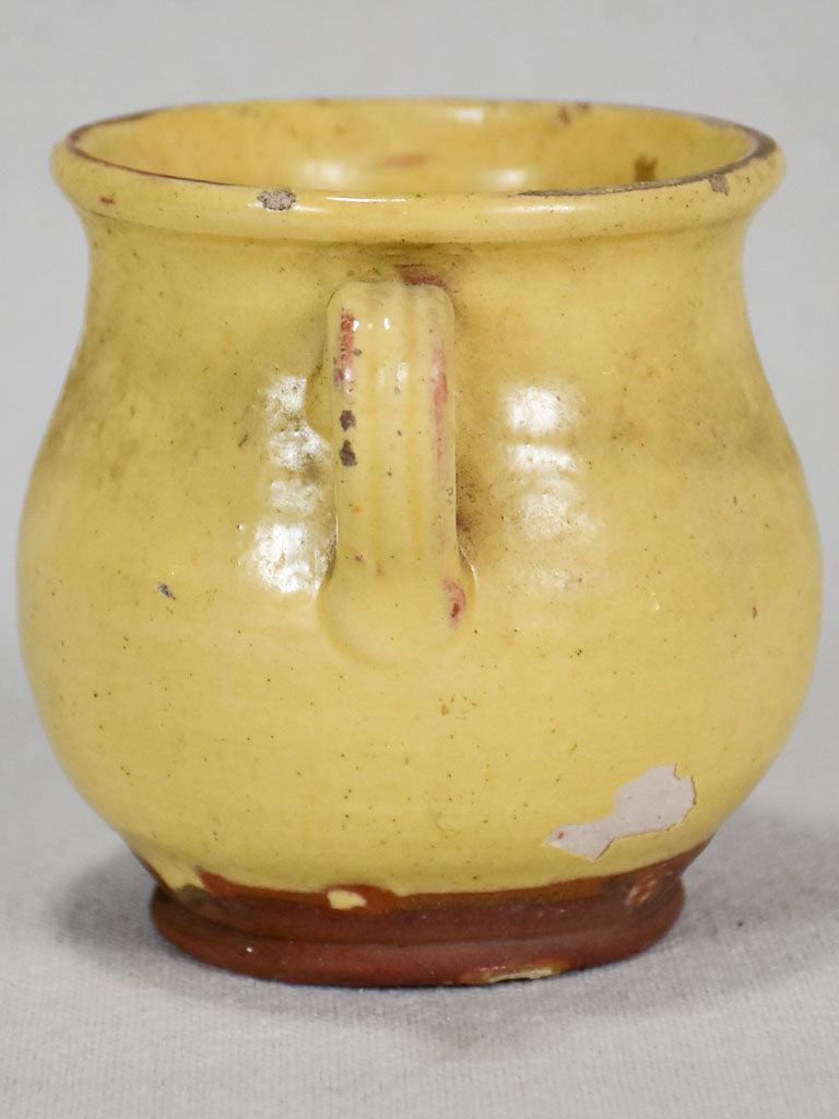 Very small antique French honey pot with yellow-ocher glaze 4"