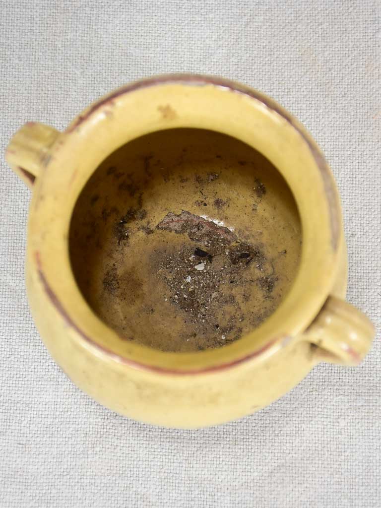 Very small antique French honey pot with yellow-ocher glaze 4"