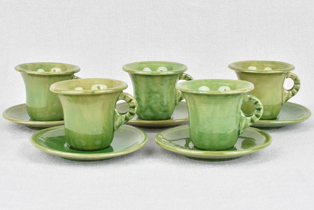 Vintage Biot teacups and saucers, green (five)