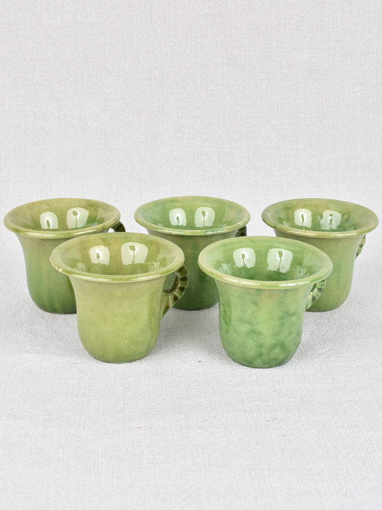 Vintage Biot teacups and saucers, green (five)