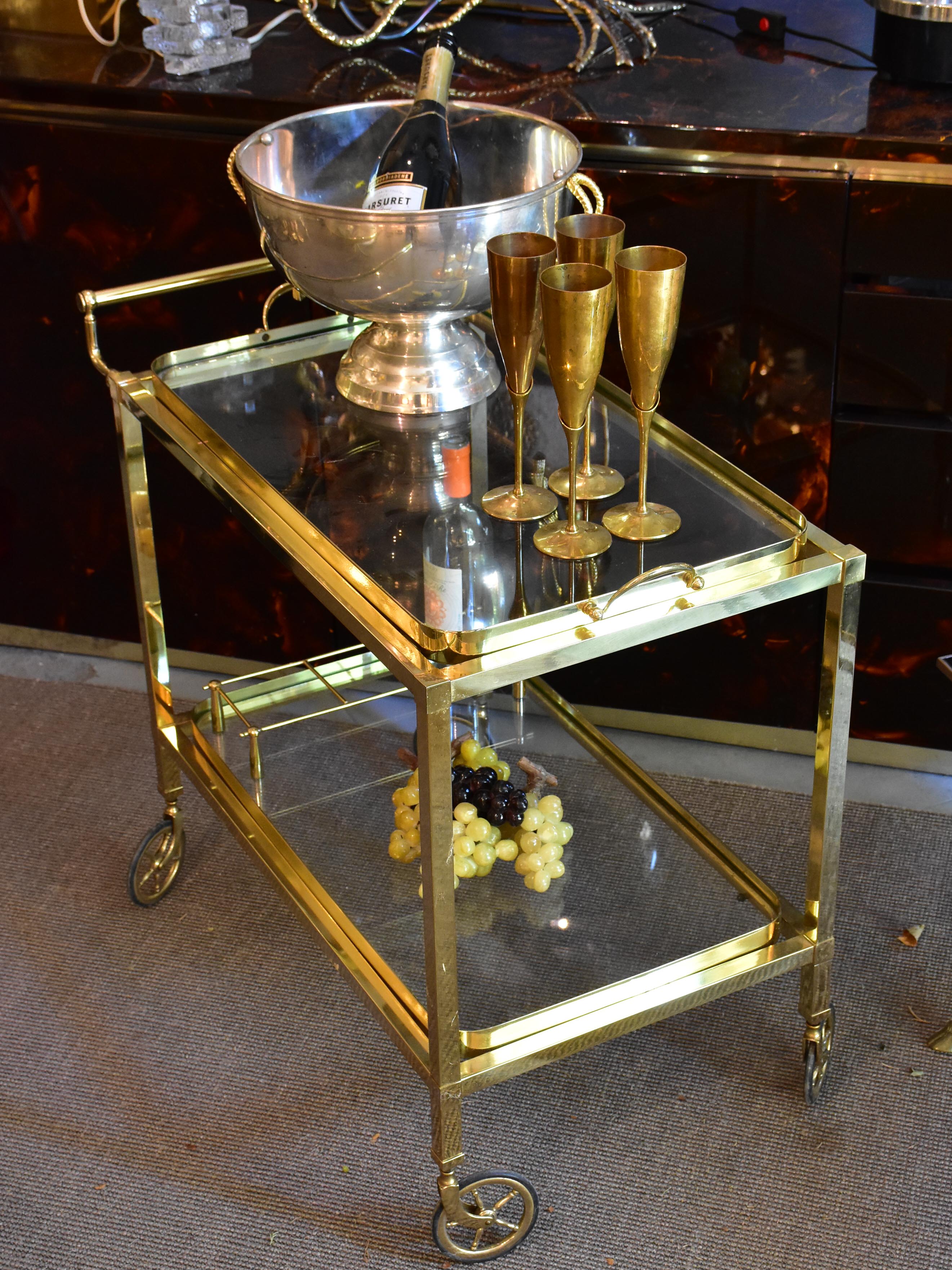 Vintage French bar cart with gold frame