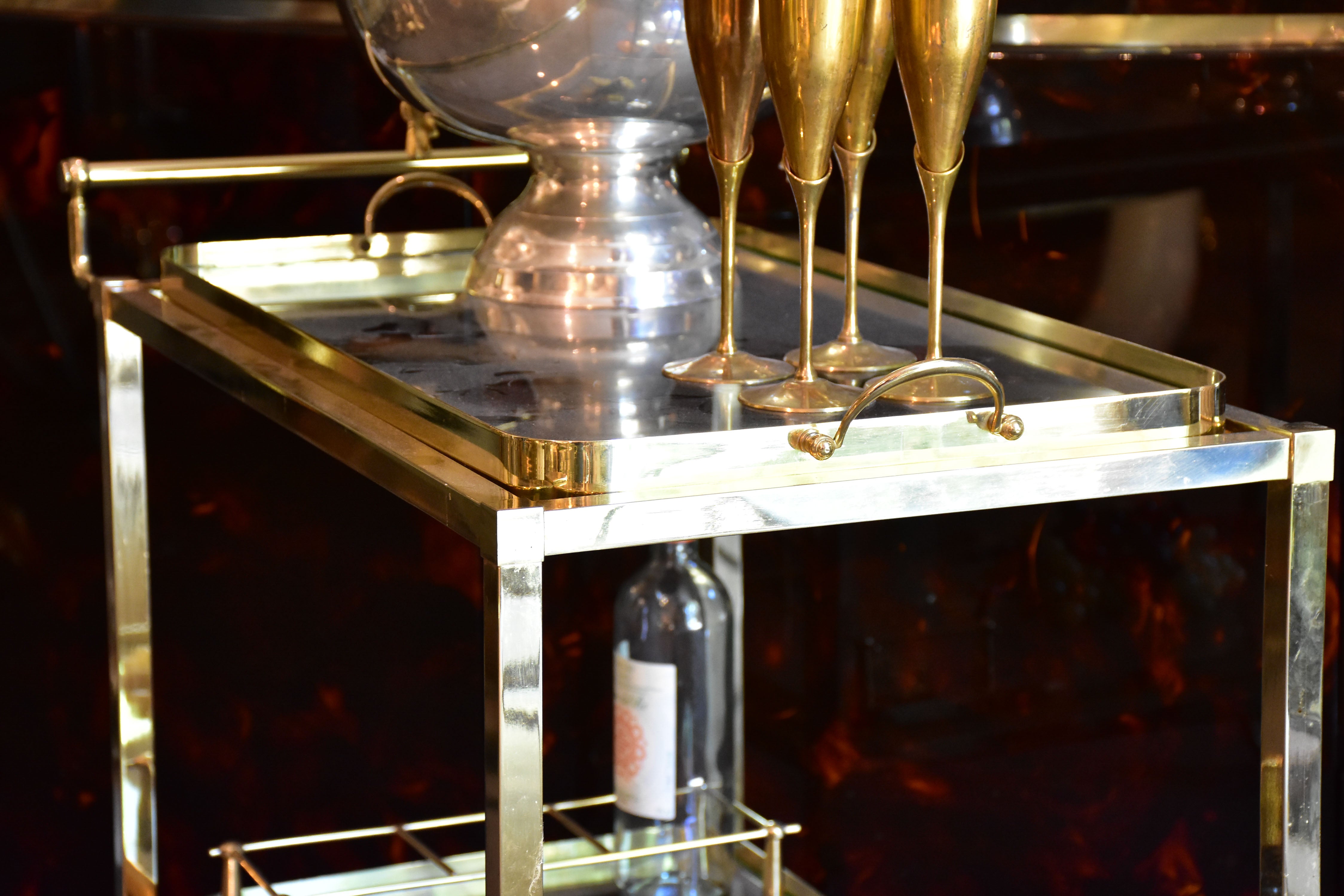 Vintage French bar cart with gold frame