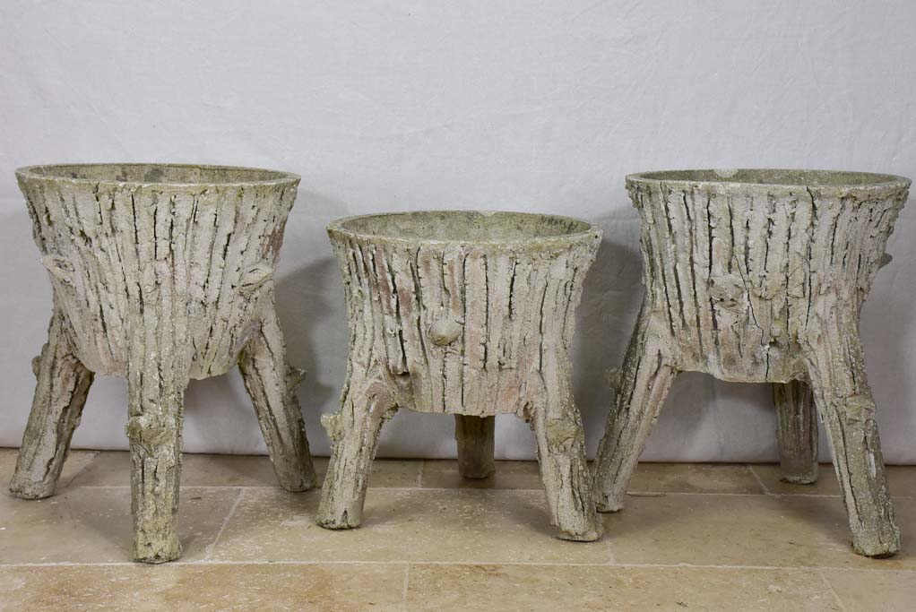 Three vintage French faux-bois raised planters