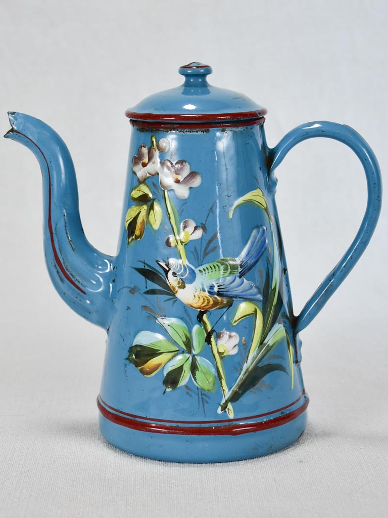 Early 20th-century enamelware coffee pot - blue with flowers and bird 8¼"