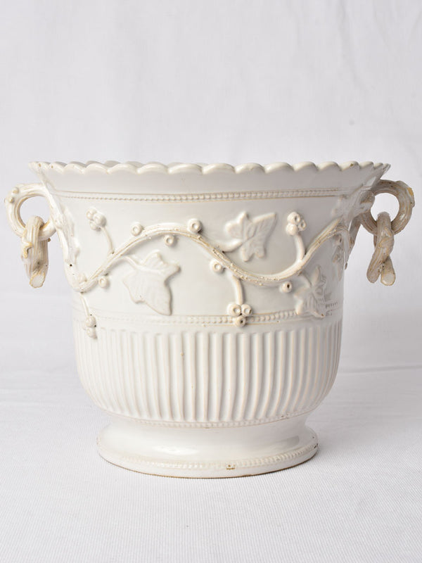 White Glazed Cachepot with Vine Motifs