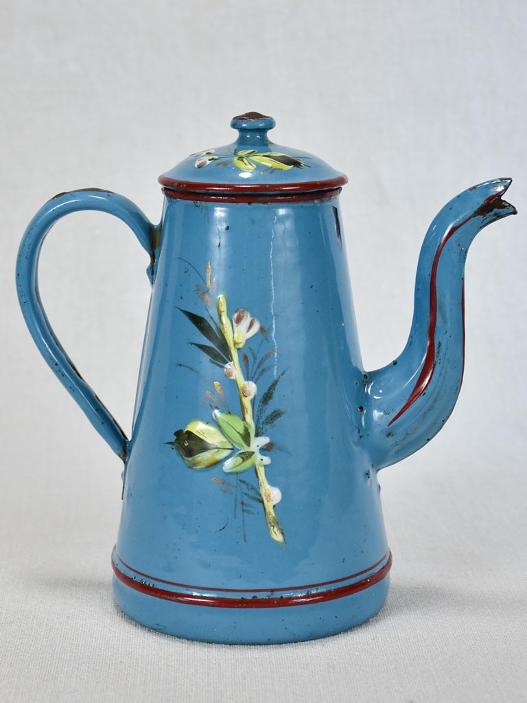 Early 20th-century enamelware coffee pot - blue with flowers and bird 8¼"