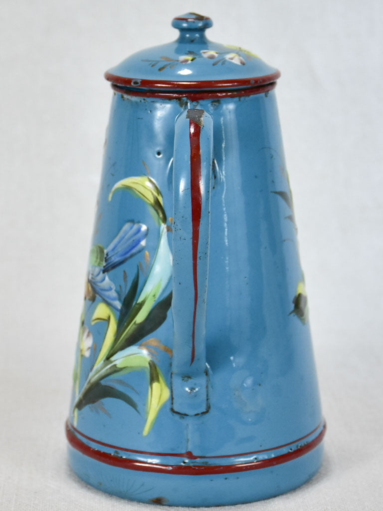 Early 20th-century enamelware coffee pot - blue with flowers and bird 8¼"