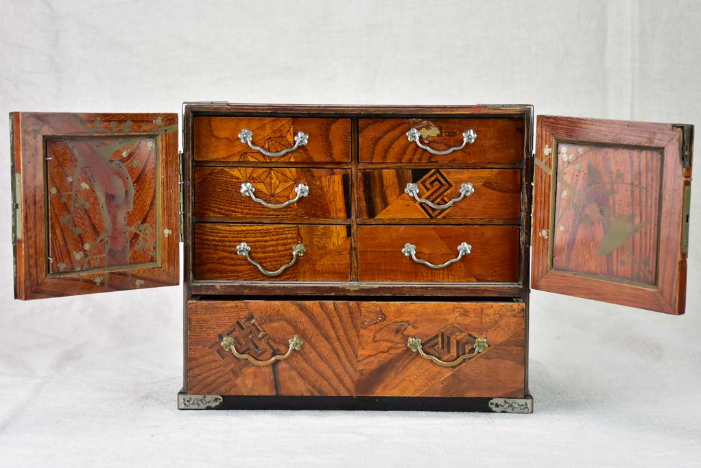 Antique French marquetry jewelry box with drawers