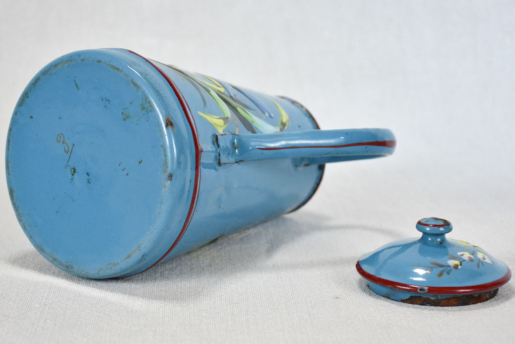 Early 20th-century enamelware coffee pot - blue with flowers and bird 8¼"