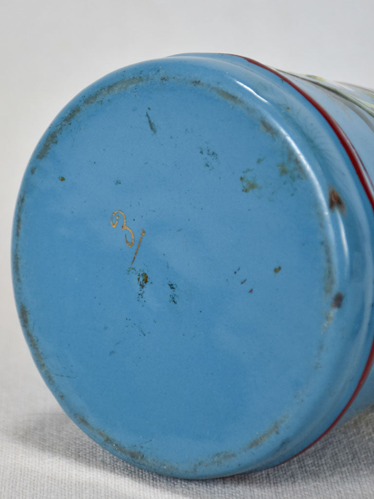 Early 20th-century enamelware coffee pot - blue with flowers and bird 8¼"