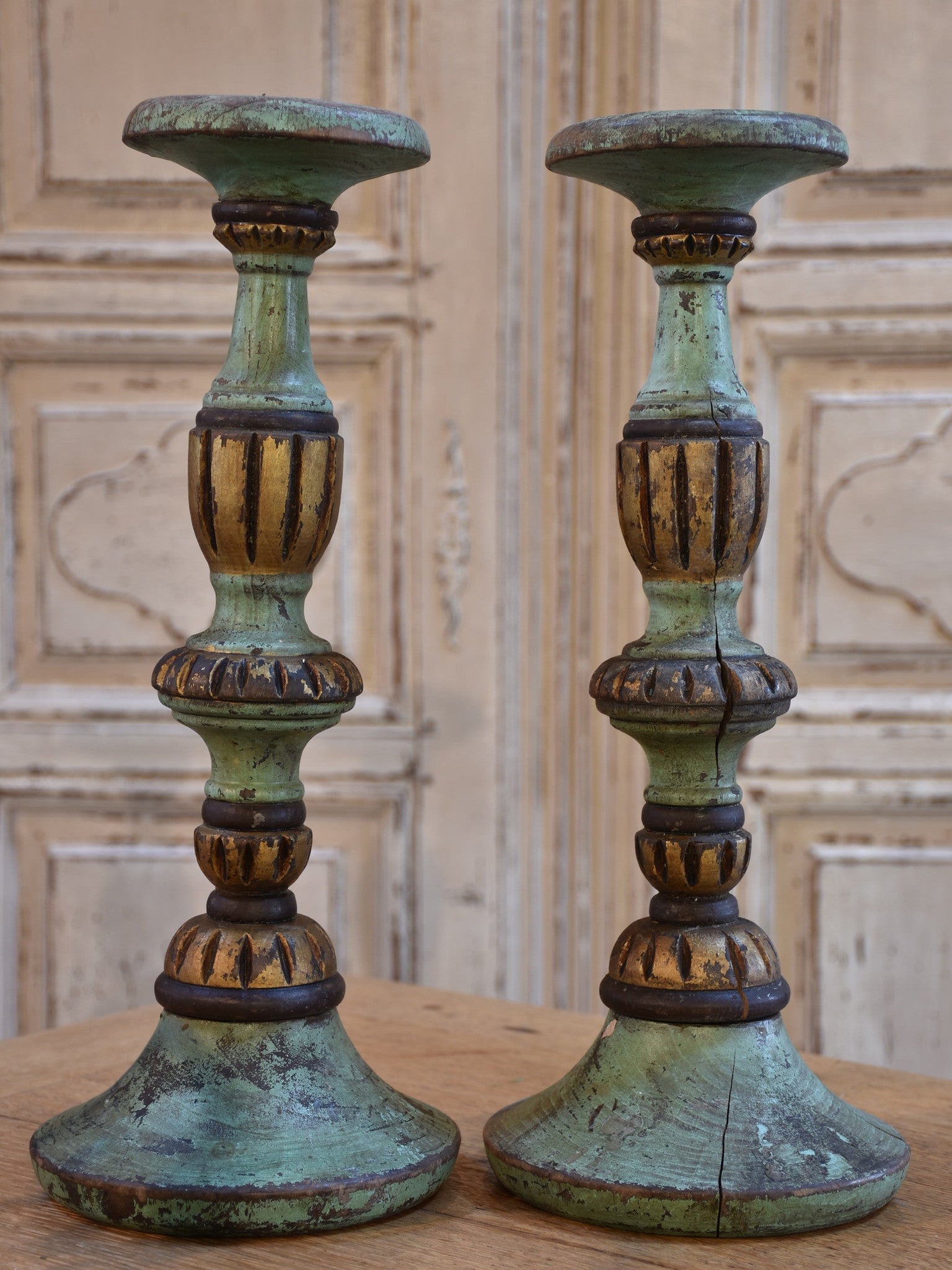 Candlesticks, green patina, French, antique