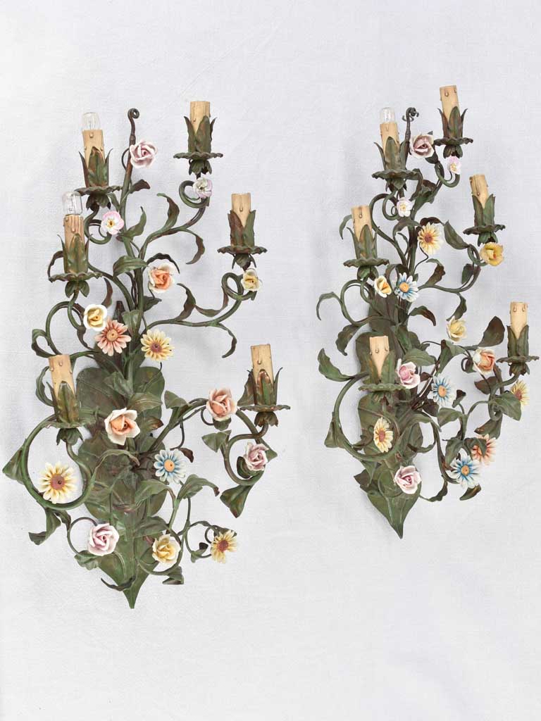 Wall sconces, tole with porcelain flowers 28", two