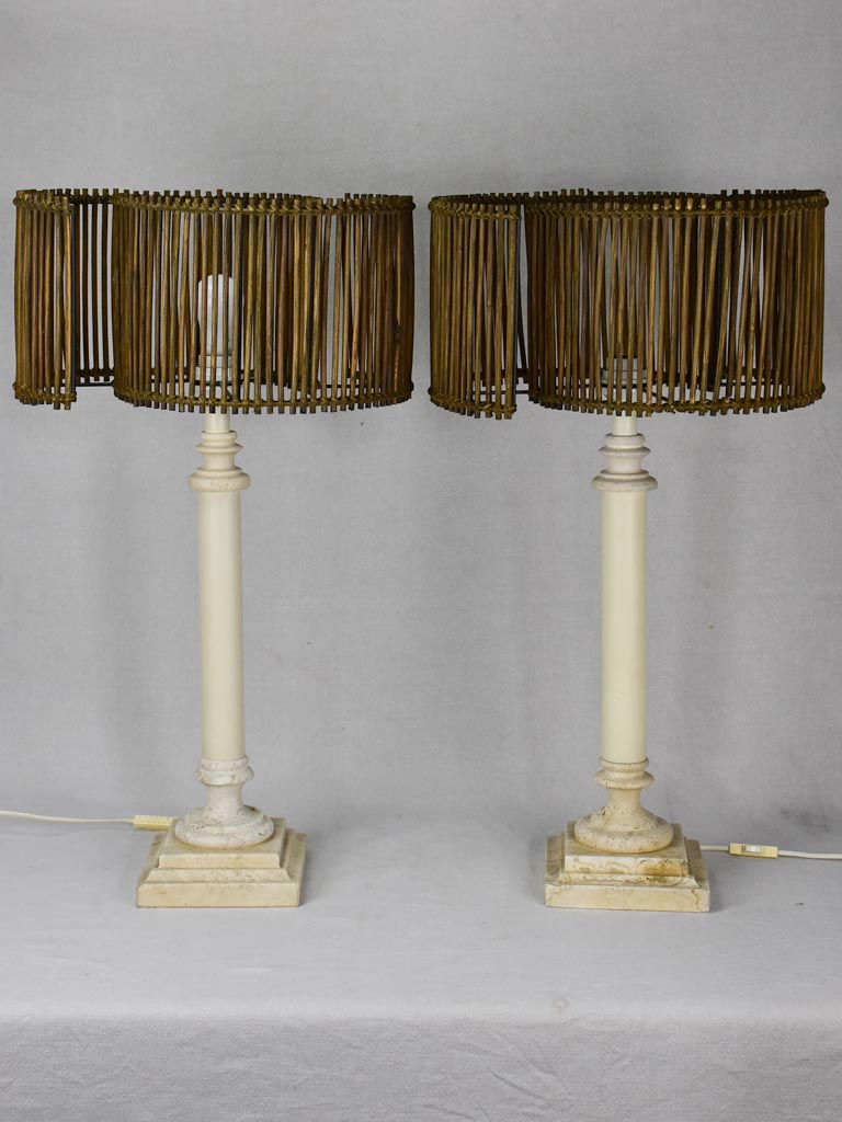 Pair of vintage lamps with rattan shades and column stands - travertine and wood 30"