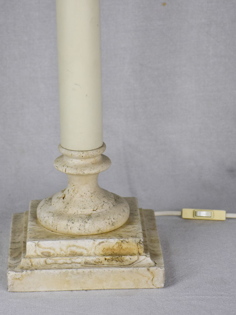 Pair of vintage lamps with rattan shades and column stands - travertine and wood 30"