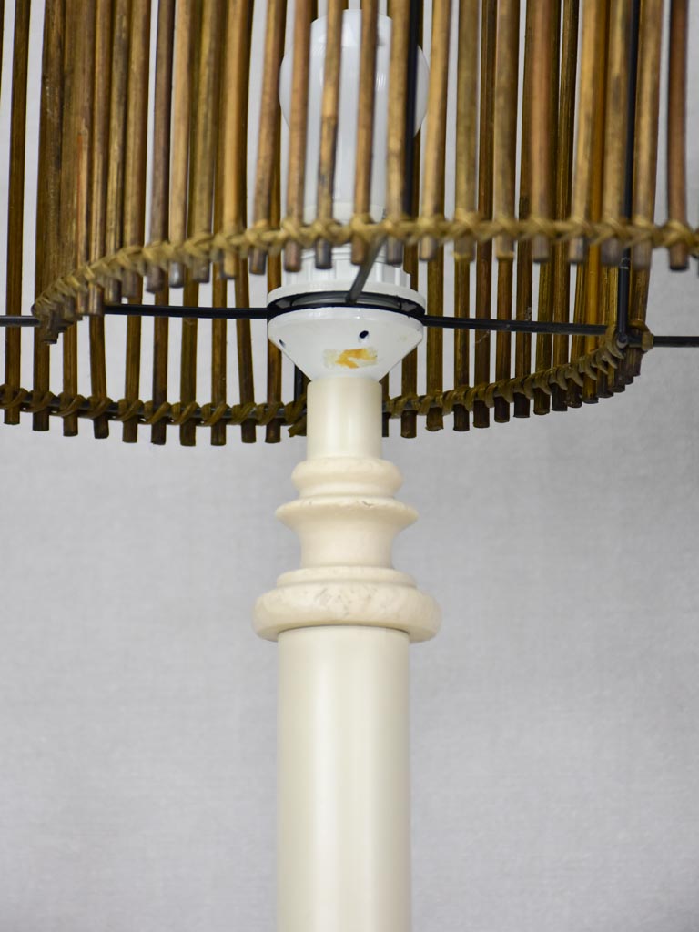 Pair of vintage lamps with rattan shades and column stands - travertine and wood 30"